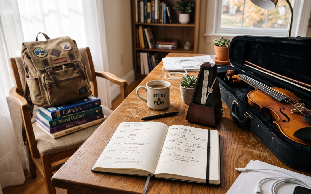 An open study planner, violin, metronome, and school books on a desk.